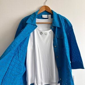 Alfred Dunner Blue Eyelet Shirt with White Embellished Top